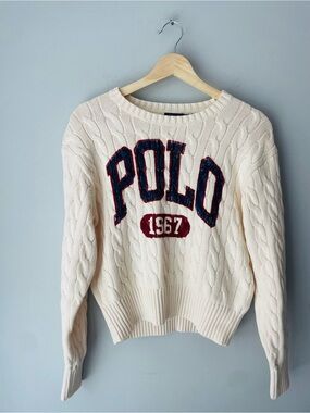 Polo by Ralph Lauren Cream Cable-Knit Crew Cotton Sweater Logo RARE